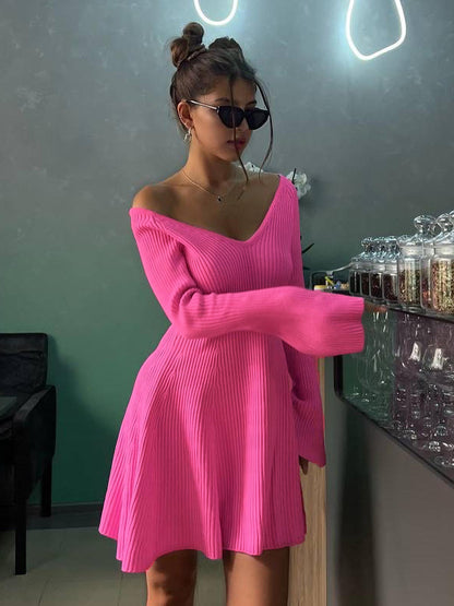 off-Shoulder Dress Woolen Skirt Sexy Knitted Dress Long Sleeve Short Dress Thickened A- line Europe and America Cross Border Autumn and Winter Skirt