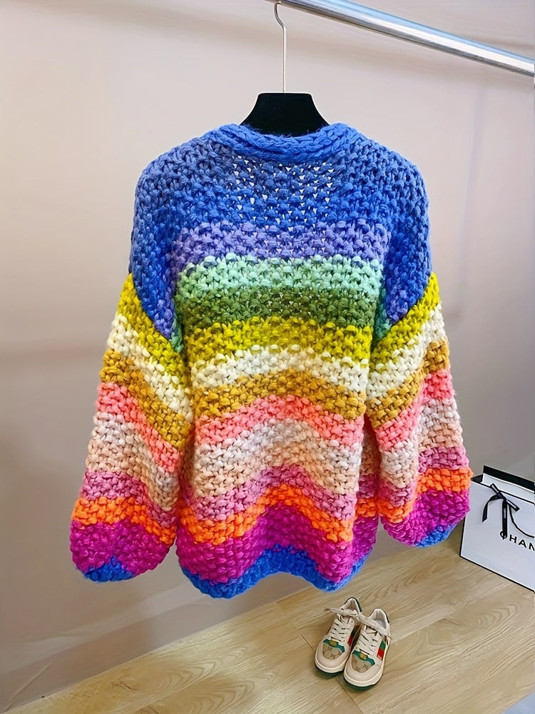 Grobstrick-Cardigan mit Regenbogenstreifen, lässiger, lockerer Pullover mit überschnittenen Schultern für Herbst und Winter, Damenbekleidung