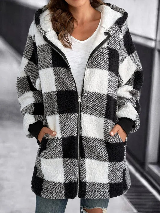 Women Oversized Hoodie Plaid Loose Overcoat - Seldom Seen Styles