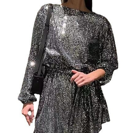 Elegant Sequin Party Dress for Women - Sparkling Long Sleeve, Round Neck with