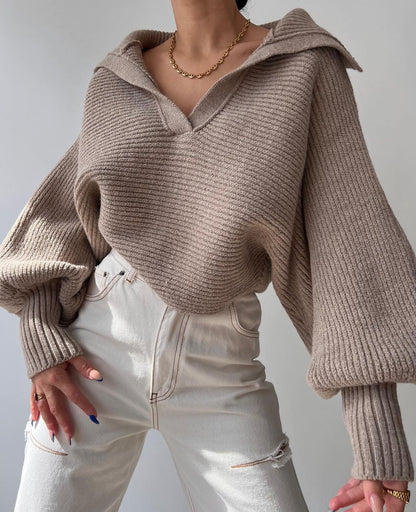 Fall/Winter Hot-Selling Lazy and Loose Lantern Sleeve Open Collar Pullover Women's Short Sweater