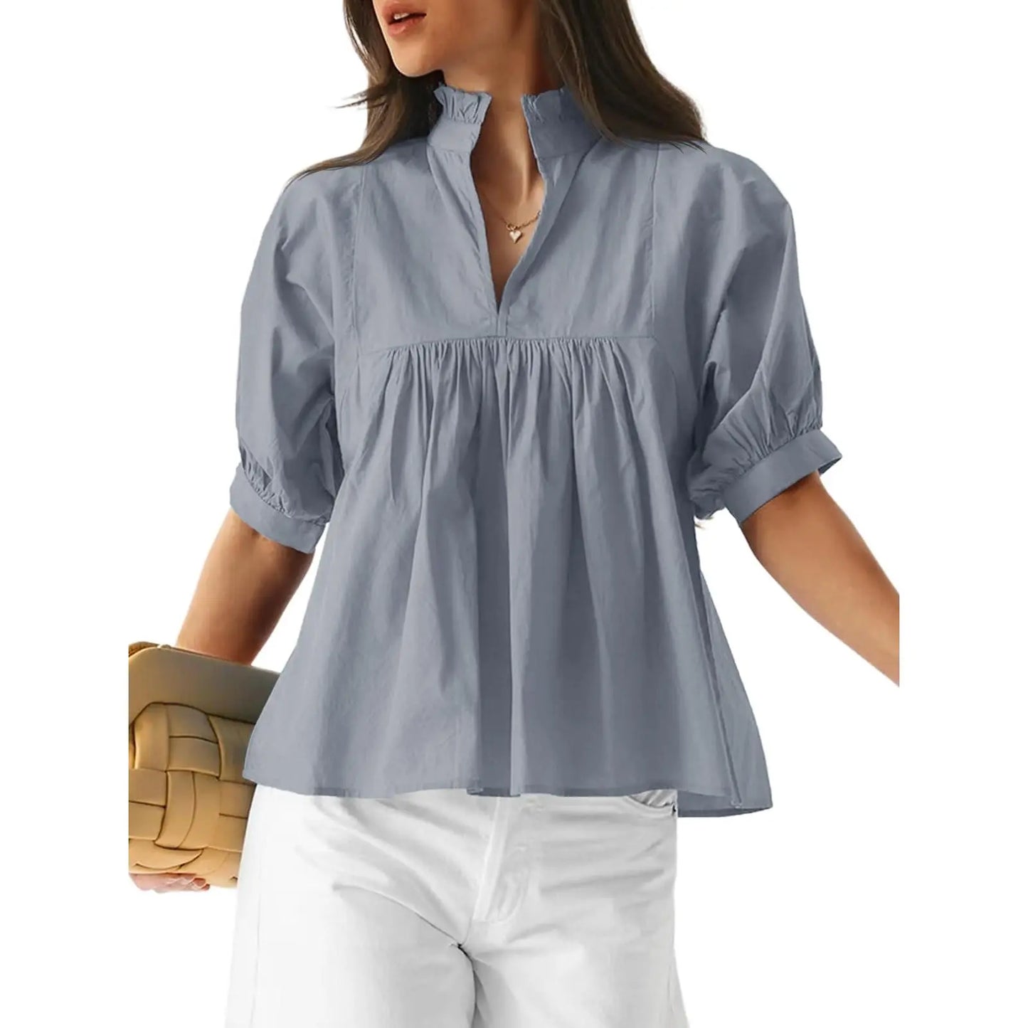 Cicy Bell Womens V Neck Puff Sleeve Blouse Babydoll Peplum Tops Dressy Casual Pleated Loose Fit Shirts - Seldom Seen Styles