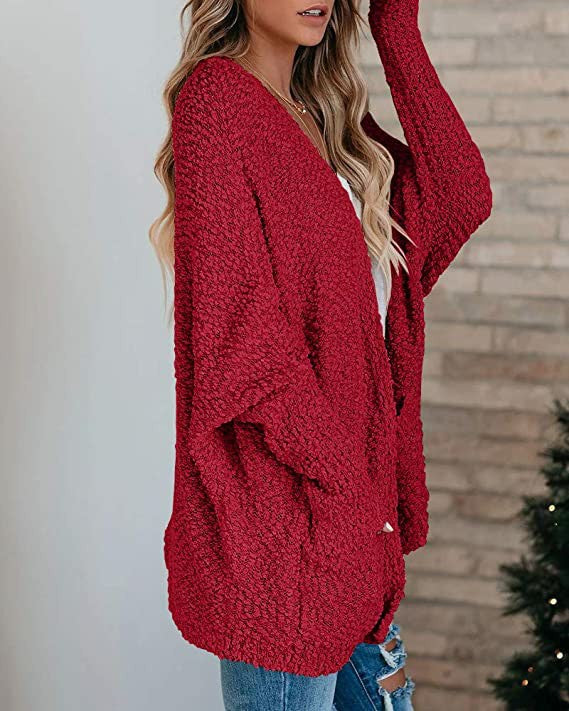 Women's Solid Color Batwing Sleeve Open Front Cardigan, Casual Long Sleeve Outerwear for Fall & Winter, Women's Knit Clothing for Daily Wear