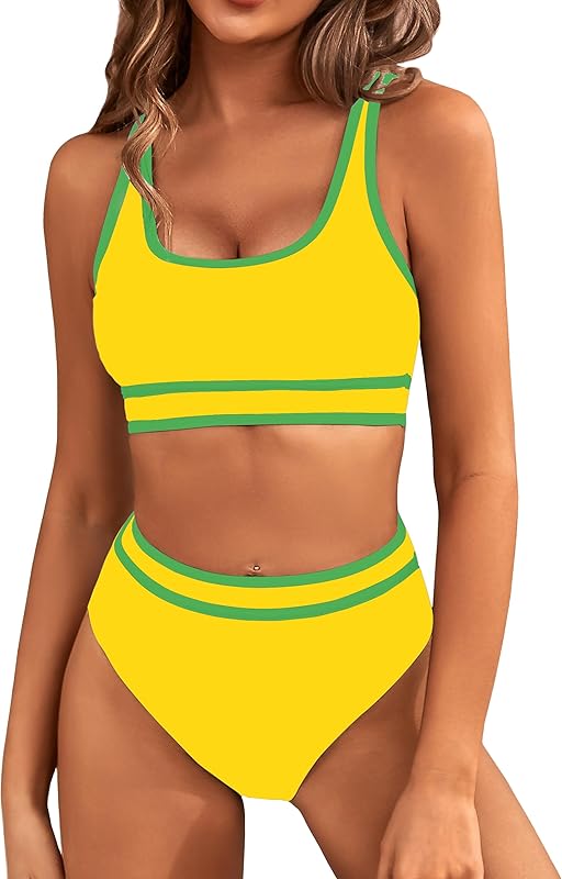 Women's High Waisted Bikini Sets Sporty Two Piece Swimsuits Color Block Cheeky High Cut Bathing Suits - Seldom Seen Styles