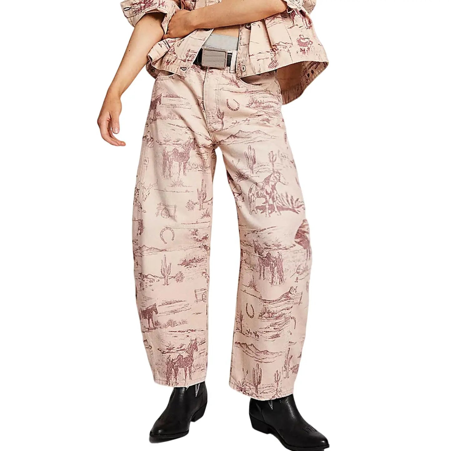 CHOUYATOU Women's Printed Wide-Leg Jeans Y2k Loose Mid-Rise Jeans in Soft Pink with Boho Floral Pattern Casual Denim Trousers - Seldom Seen Styles