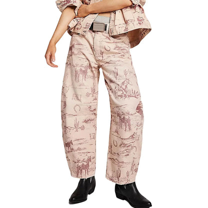 CHOUYATOU Women's Printed Wide-Leg Jeans Y2k Loose Mid-Rise Jeans in Soft Pink with Boho Floral Pattern Casual Denim Trousers