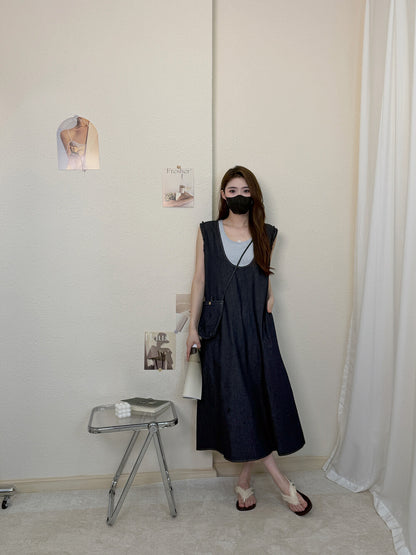 Women's Denim Fake Two-Piece Sleeveless U-Neck A-Line Midi Dress Ruffle Shoulder Detail with Free Mini Bag Dark Navy Blue Grey One Size