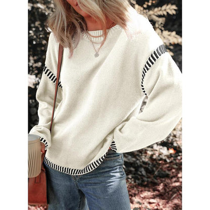 Sweaters for Women Fashion Solid Crewneck Loose Fit Long Sleeve Contrast Cable Knit Pullover Sweater Jumper Tops Knitwear Womenswear Knitwear Womenswear