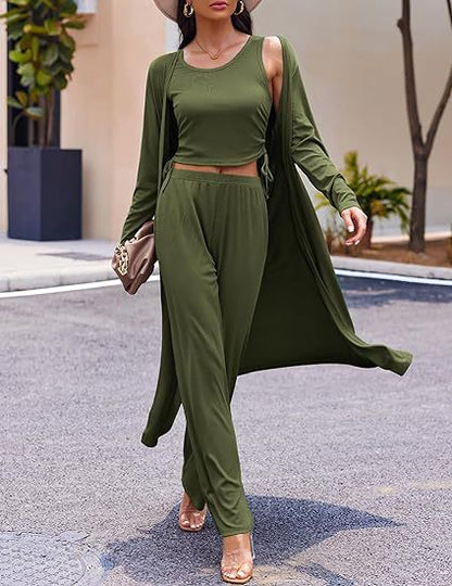 Cozy New Ekouaer Women's 3 Piece Knit Lounge Set Long Sleeve Cardigan Sleeveless Top Pants Sweatsuit S-XXL