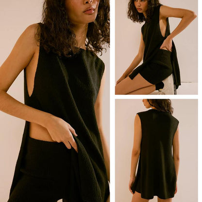 Women's 2 Piece Outfits Summer Knit Sweater Set Sleeveless Tunic Top Matching Shorts Trendy Beach Vacation Sets Loungesetwomen Suits Clothes Womenswear  Basic Beige