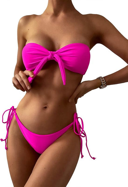 Knotted Bandeau Bikini for Women Strapless Swimsuits High Cut Bathing Suit Sexy Cheeky Tie Side Swimwears - Seldom Seen Styles