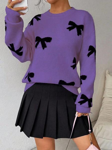 Fashion Bow Print Casual Basic Loose Knitted Sweater Pullover Autumn/Winter Women Pullovers New O-Neck Full Sleeve Knit Sweater, Knitwear - Seldom Seen Styles