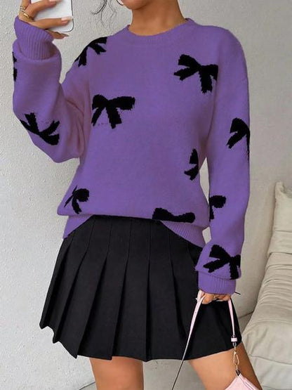 Fashion Bow Print Casual Basic Loose Knitted Sweater Pullover Autumn/Winter Women Pullovers New O-Neck Full Sleeve Knit Sweater, Knitwear