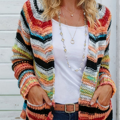 Women's Colorblock Stripes Print Open Front Cardigan, Casual Pocket Raglan Sleeve Knitwear for Spring & Fall, Women's Knit Clothing, Womenswear Knitting Tops, Cardigan for Women, Fall Clothes