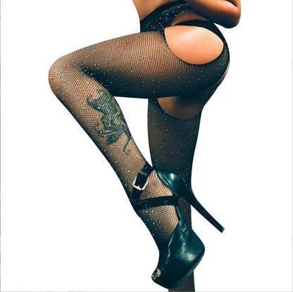 Sexy Fishnet Stockings with Rhinestones, Four-Sided Open Crotch, No-Need-to-Take-Off, Small Mesh Pantyhose, Hollow Out, Fine Mesh, Dense Base Layer, Women's Nightwear