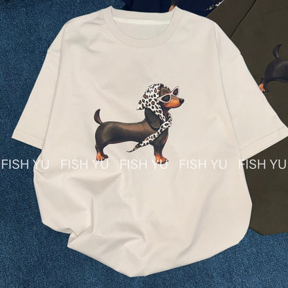 Vintage Dackel Grafik T-Shirt – Leopard Schal Hund Print Locker Fallendes Freizeit-T-Shirt