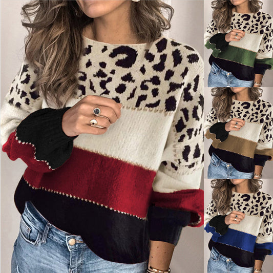 wish2023Amazon Winter Autumn and Winter New Contrast Color Sweater Women's European and American Foreign Trade Loose round Neck Base Sweater