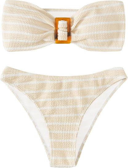 Women's 2 Piece Strapless Swimsuit Striped Bandeau High Waisted Thong Bikini Set Bathing Suit - Seldom Seen Styles