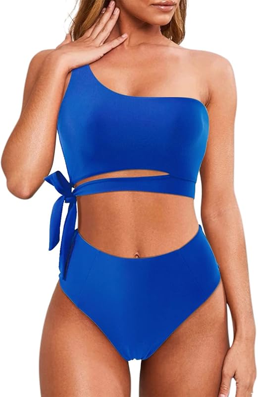 Women One Shoulder High Waisted Bikini Tie High Cut Two Piece Swimsuits - Seldom Seen Styles