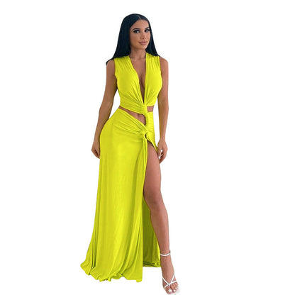 split dress long maxi bodycon gown low cut maxi dress Solid Color Sexy Deep V Cutout Slit Slim Fit Long Dress