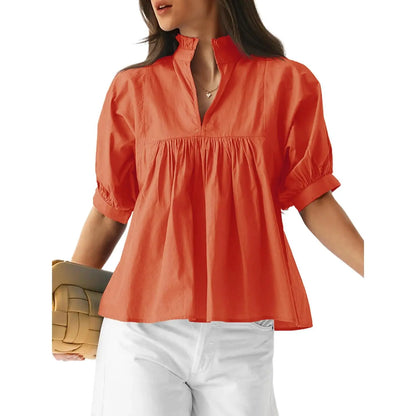 Cicy Bell Womens V Neck Puff Sleeve Blouse Babydoll Peplum Tops Dressy Casual Pleated Loose Fit Shirts