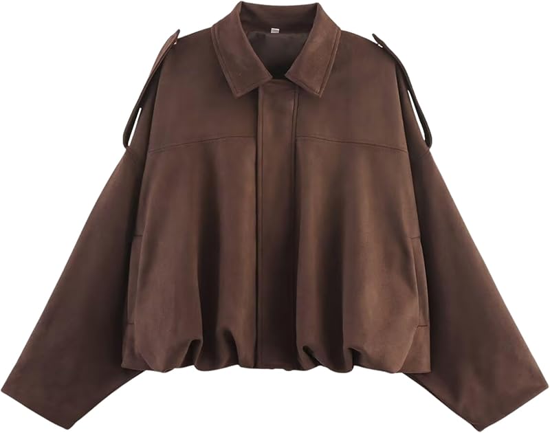 Women's Faux Suede Bomber Jacket Spring Lapel Pilot Coat Casual Oversized Long Sleeves Trendy Streetwear Outerwear - Seldom Seen Styles
