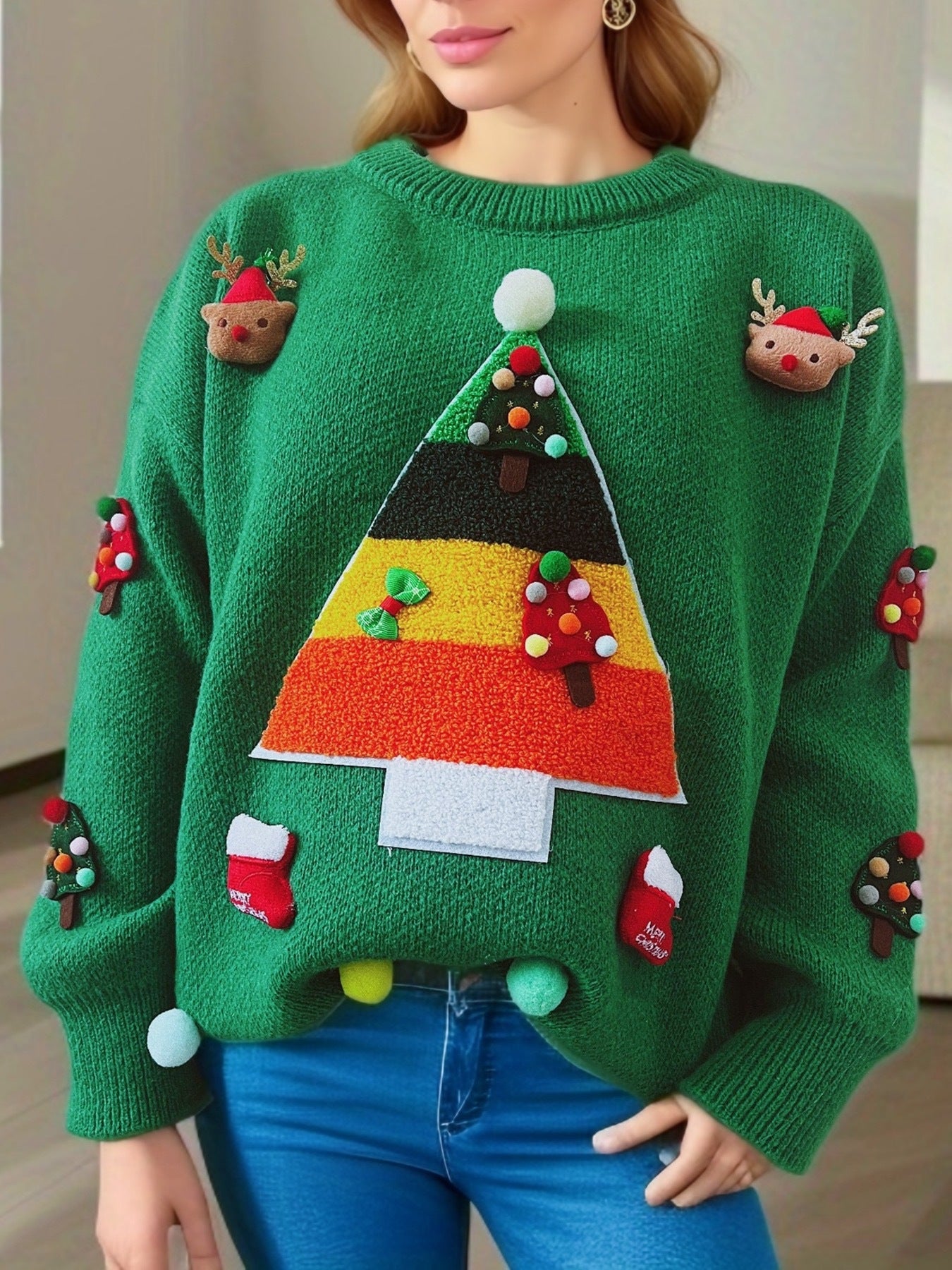 2024New Christmas Wear Match Sweater Cute Christmas Tree Decorative Top