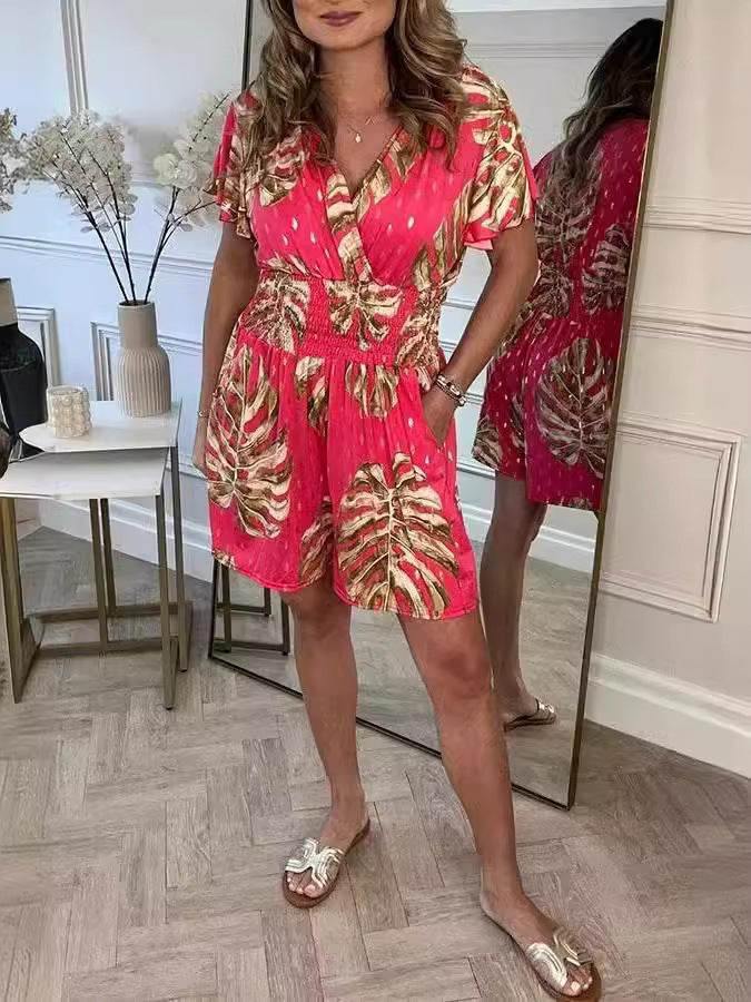 Casual Floral Polka Dot Pocket Rompers, Casual Floral Polka Dot Rompers, Elastic Waist Wide Leg Shorts Jumpsuits - Seldom Seen Styles