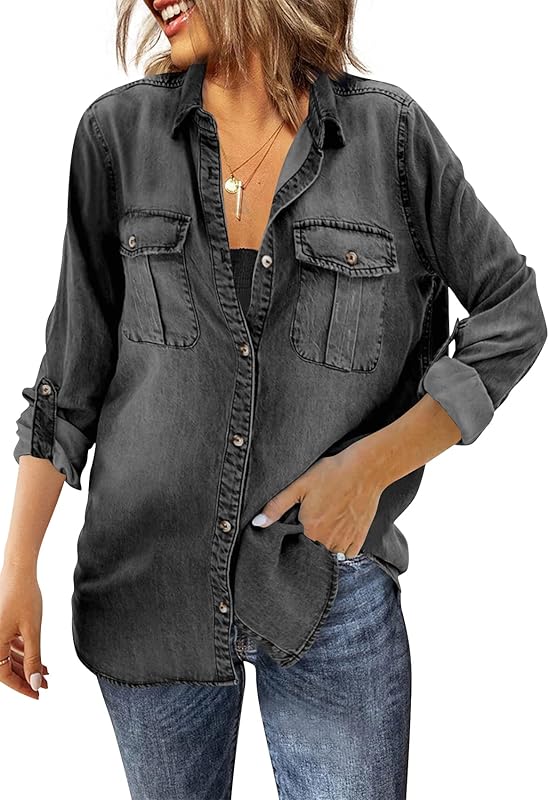 Runcati Womens Button Down Denim Shirt Long Sleeve Roll Up Casual Oversized Jean Shirt Jacket Distressed Tunic Tops