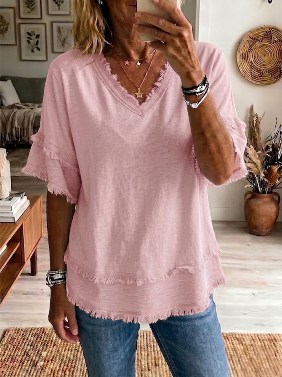 Women's Vintage Frayed V-Neck Linen Cotton Short Sleeve Top Casual Boho Summer Beach Vacation Outfit
