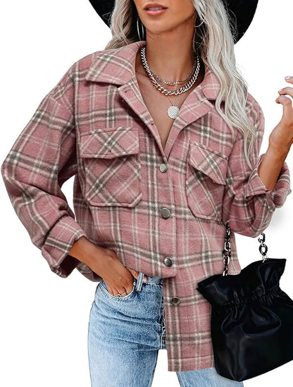 BTFBM Women Shacket Jacket Long Sleeve Button Down Casual Plaid Flannel Shirts Loose Fall Spring Blouses Tops