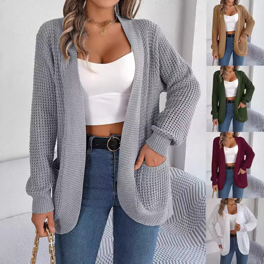 Real Shot 2024 Autumn and Winter Leisure Pocket Long Sleeve Knitted Sweater Cardigan Coat Amazon Hot Cross-Border Women's Clothing