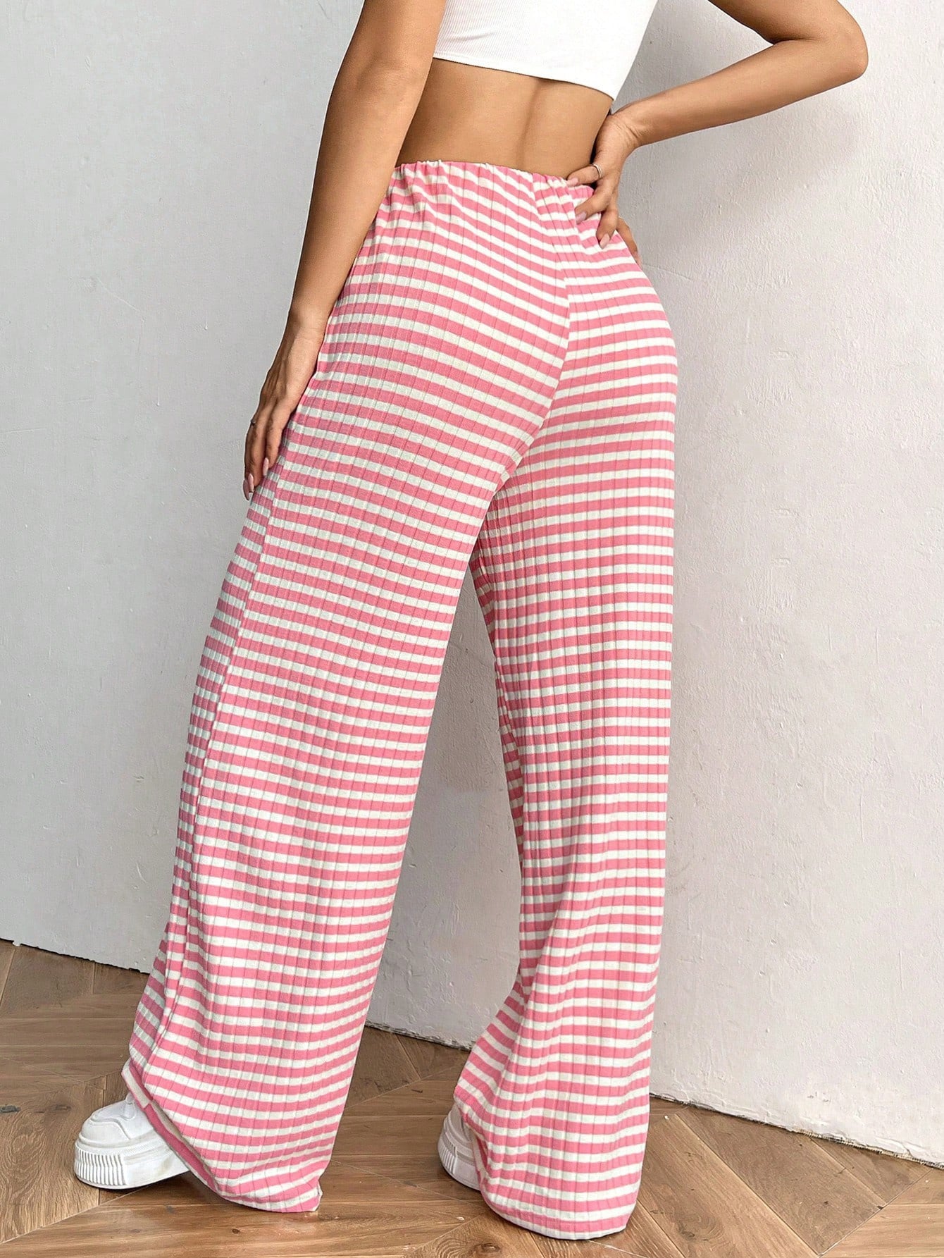 Women's Wide Leg Pants Striped Elastic High Waisted Casual Knit Palazzo Pants Drawstring Lounge Pajama Trousers - Seldom Seen Styles