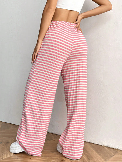 Pantalon large pour femme, rayé, élastique, taille haute, décontracté, en tricot, style palazzo, avec cordon de serrage, pour pyjama