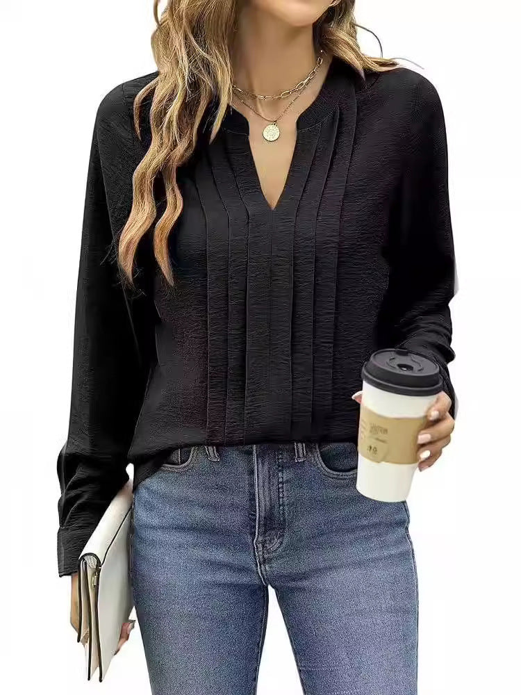 Blooming Jelly Women's Dressy Casual Blouses Business Work Tops Long Sleeve V Neck Pleated Shirts 2024 Fall Outfits