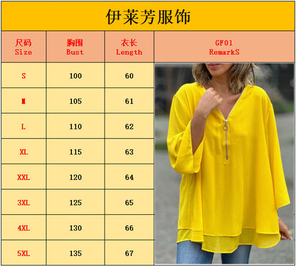 Womens V-Neck Lantern Sleeve Blouse Zipper Design Loose Casual Top Shirts