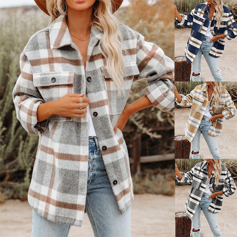 Beaully Damen Flanell Plaid Shacket Langarm Button-Down-Hemden Jacke Mäntel mit Seitentaschen 