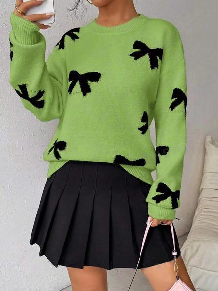 Fashion Bow Print Casual Basic Loose Knitted Sweater Pullover Autumn/Winter Women Pullovers New O-Neck Full Sleeve Knit Sweater, Knitwear - Seldom Seen Styles