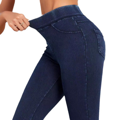 Women's High Waist Pull-On Skinny Jeans - Elasticated Waistband - Full Length
