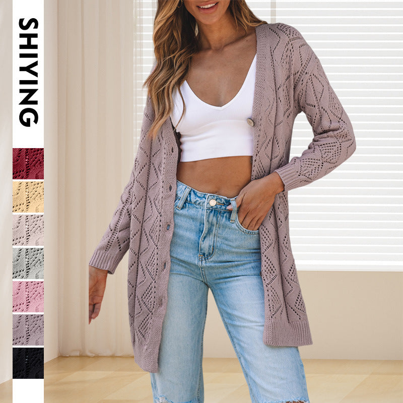 Shiying Cross-Border Foreign Trade Neuer einreihiger Damenmantel Lässiger Twist Mittellanger Strickjackenpullover für Damen 