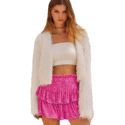 Minirock für Damen, Sommer, glitzernd, Pailletten, geschichteter Rüschenrock, hohe Taille, gestufter Rock, glänzender Party-Club-Kurzrock