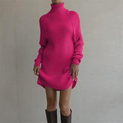 Long Sleeve High Collar Sweater Dress Women Casual Loose Thick Sunken Stripe Solid Color Sheath 2023 Autumn and Winter Knitting Dress