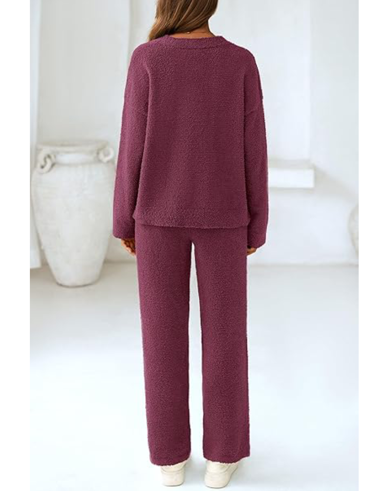 Soft Fuzzy V-Neck Loungewear Set – Cozy Two-Piece Pajama (S–3XL) - Seldom Seen Styles
