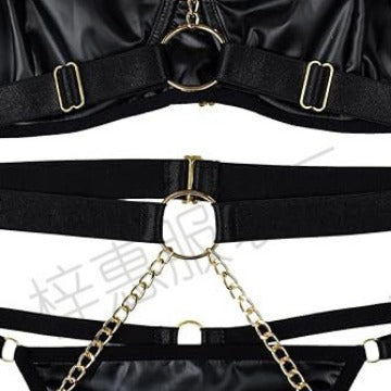 Women's Exotic Lingerie Sets Sexy Strappy Leather Rave Outfits Babydoll Garter with Underwire Push Up Bra and Chains