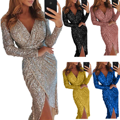 2025 V Shiny Collar  for Dinner Sexy Dress New Women's Bronzing Long Sleeve