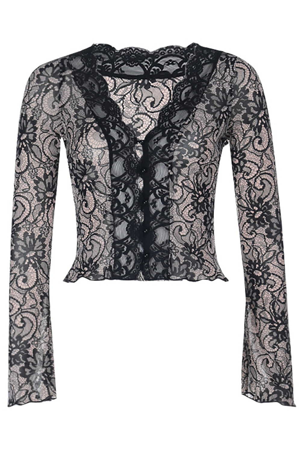 Jacquard Lace Deep V Neck Long Sleeve Slim Fit Crop Top - Black - Seldom Seen Styles