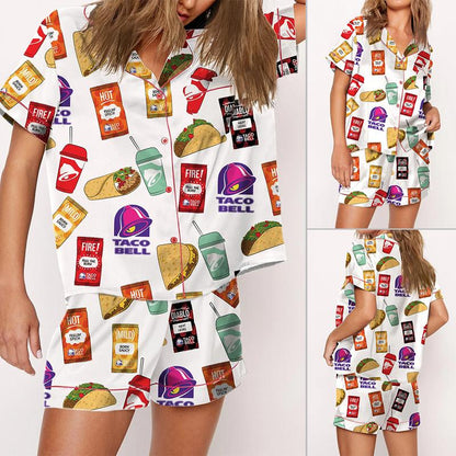 Bell Pajama Set For Women Print Comfy Satin Sleepwear & Loungewear Pjs Short Sleeve Top & Bottoms Shorts Without Pockets - SHESHOW