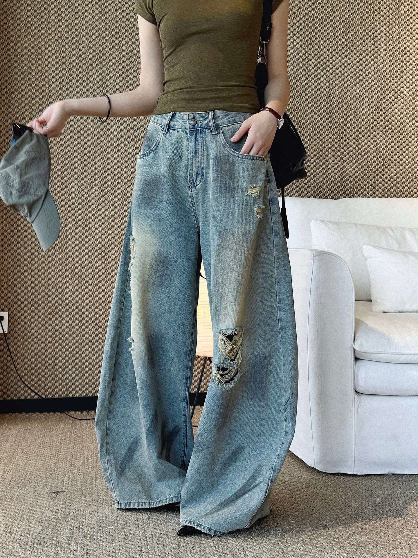 Women's Ripped Wide Leg Baggy Jeans High Waist Distressed Denim Pants Street Style Y2K Casual