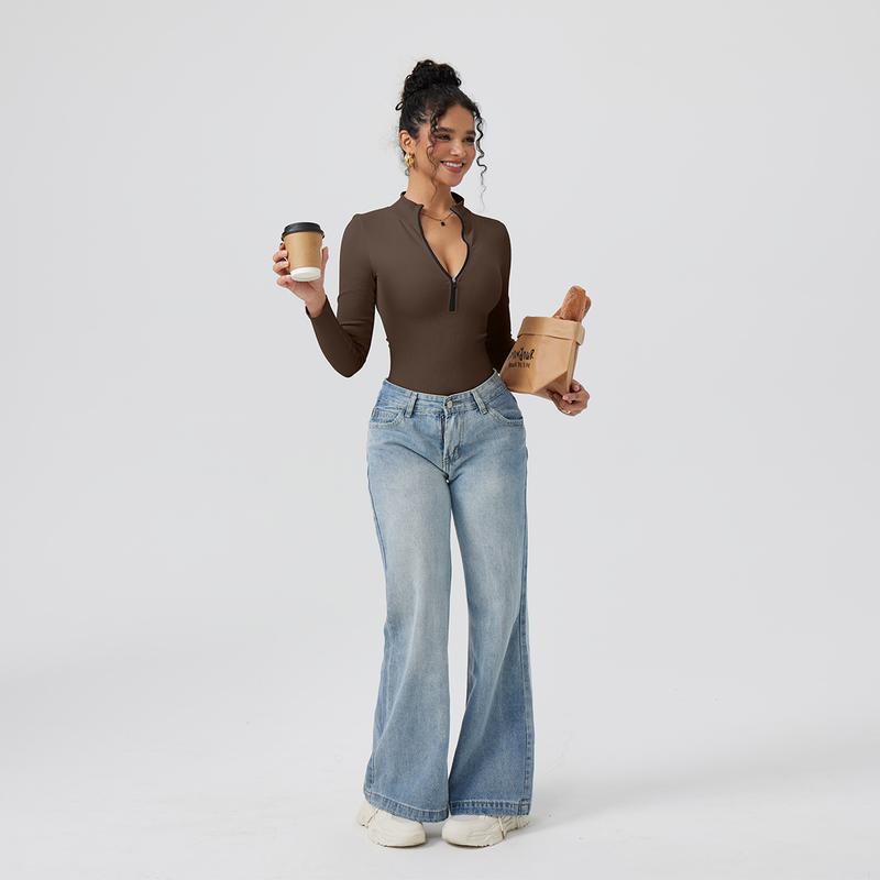 Women's 2 Piece Bodysuits Sexy Ribbed One Piece Zip Front Long Sleeve Tops Bodysuits - Seldom Seen Styles