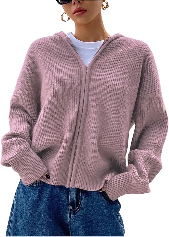 Women's Zip Up Hooded Cardigan Sweater Knitted Drop Shoulder Fall Hoodies Outerwear - Seldom Seen Styles